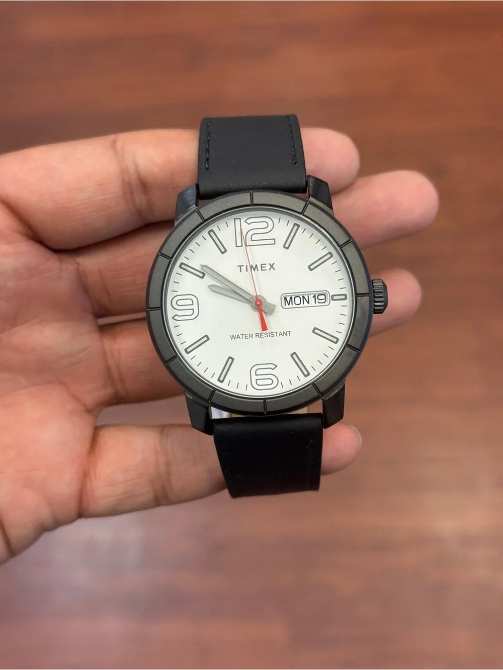Timex Black Leather Strap Watch with White Dial and Red Seconds Hand Mens Watch